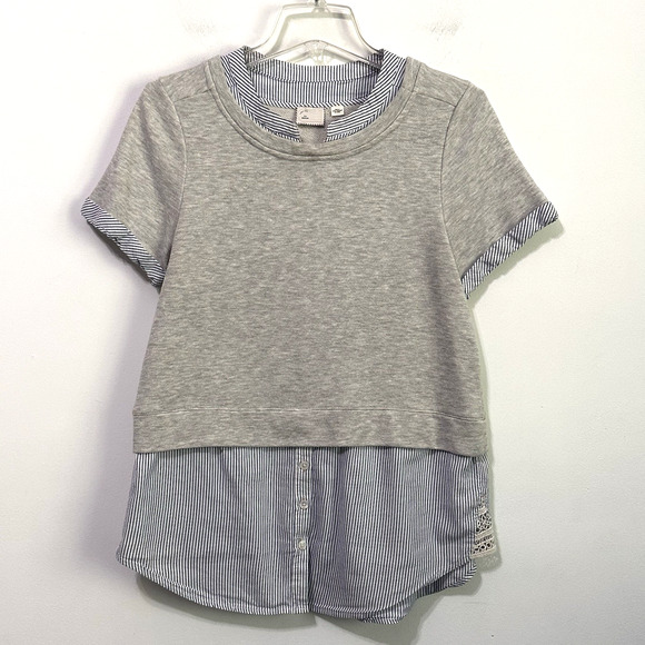 Anthropologie Postmark Tee Shirt M Layered Short Sleeve Gray Blue Stripe Casual - Picture 1 of 11